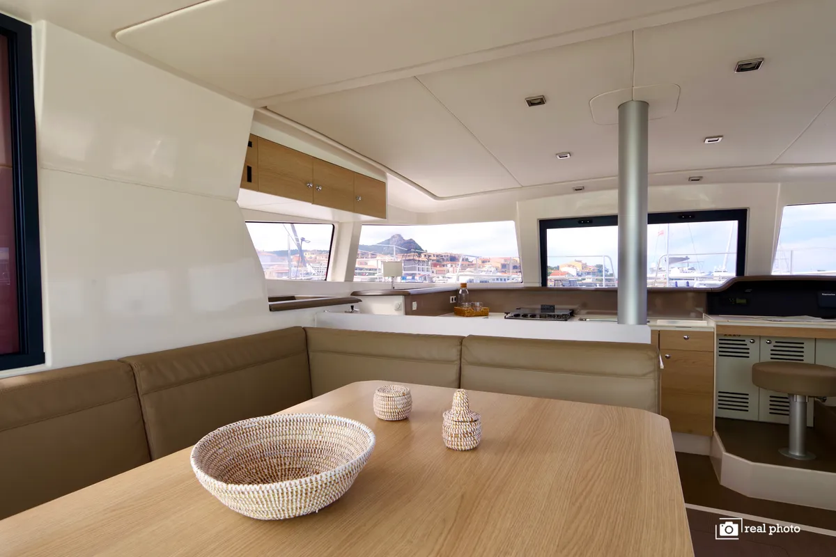 Salon of Alba, a Bali 4.1 catamaran at Olbia, Italy