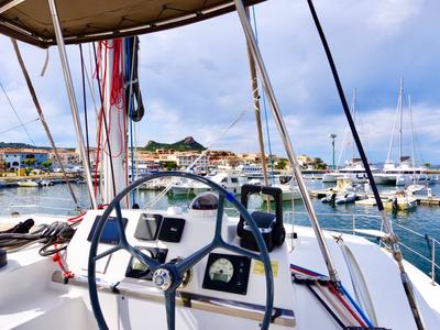 Cockpit of Alba, a Bali 4.1 catamaran at Olbia, Italy