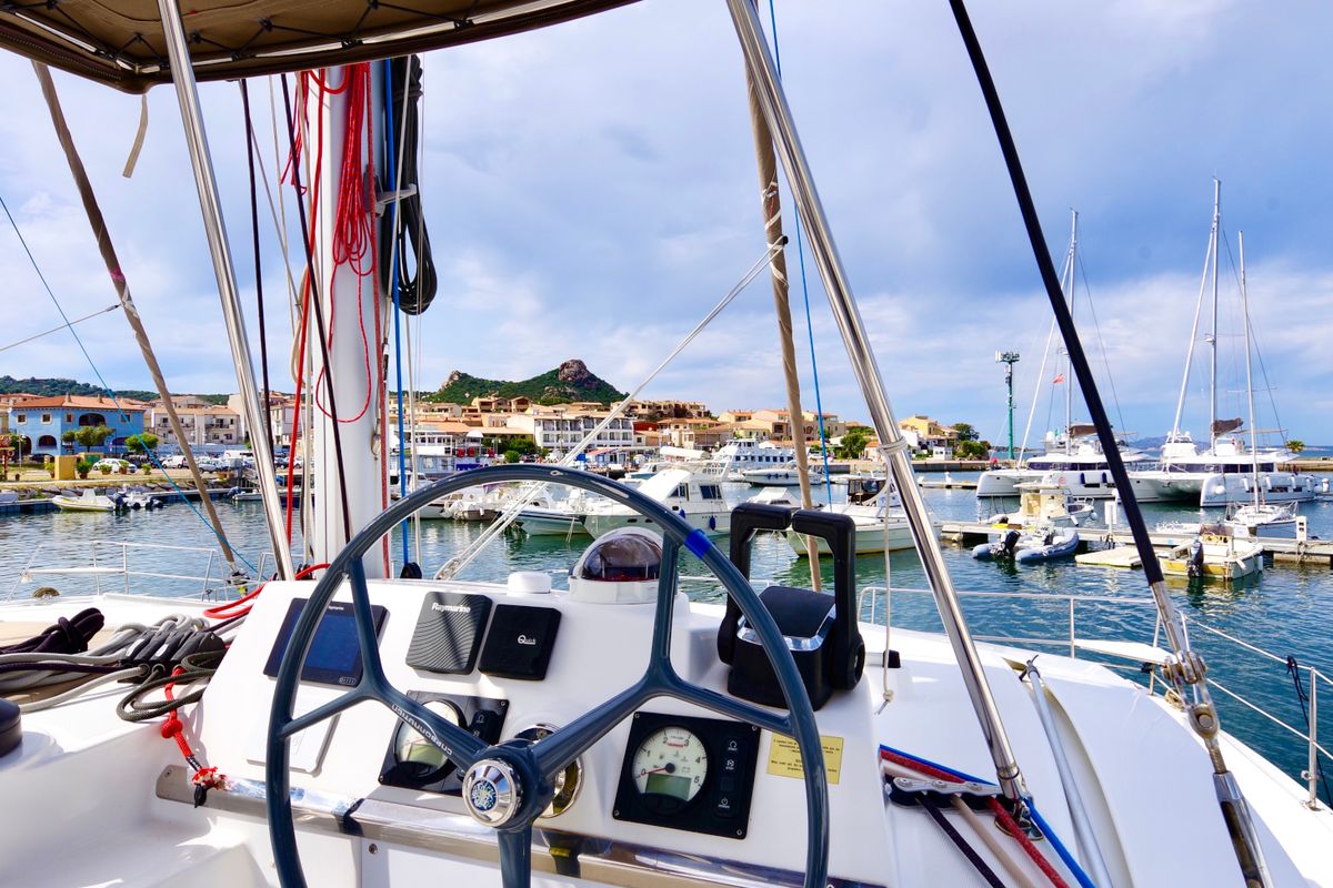 Cockpit of Alba, a Bali 4.1 catamaran at Olbia, Italy