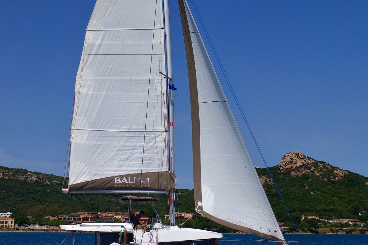 Exterior view of Alba, a Bali 4.1 catamaran at Olbia, Italy