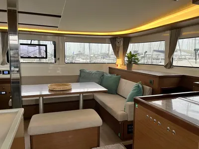 Salon of WHITE PEARL, a Lagoon 46 catamaran at Athens, Greece