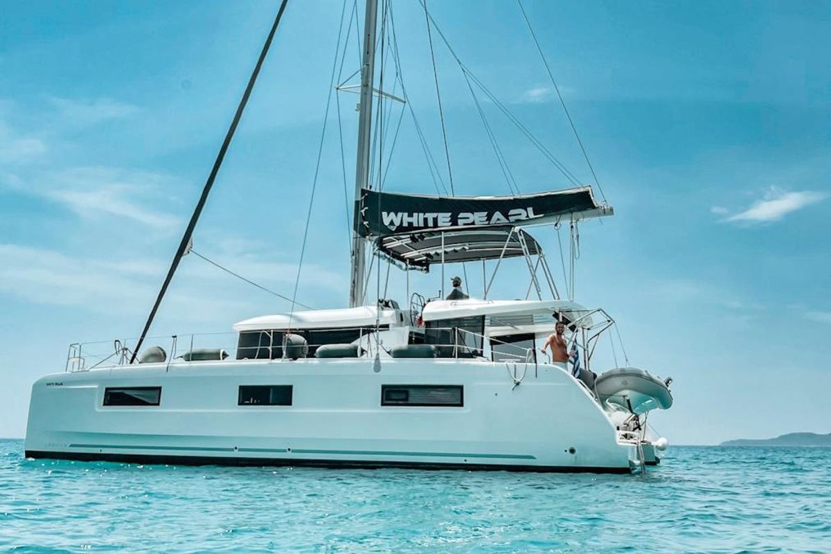Exterior view of WHITE PEARL, a Lagoon 46 catamaran at Athens, Greece