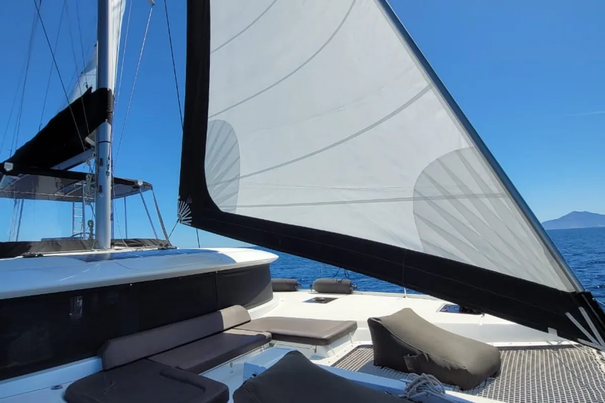 Deck of WHITE PEARL, a Lagoon 46 catamaran at Athens, Greece