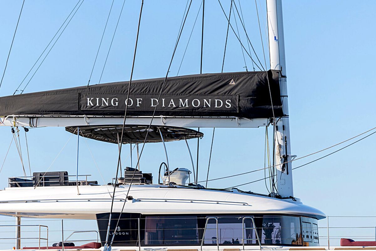 Exterior view of KING OF DIAMONDS, a Lagoon 560 catamaran at Athens, Greece