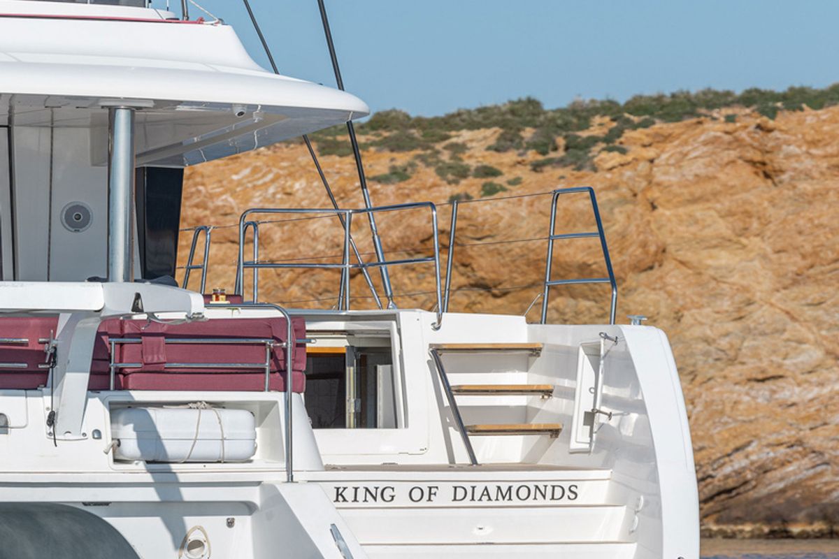 Exterior view of KING OF DIAMONDS, a Lagoon 560 catamaran at Athens, Greece
