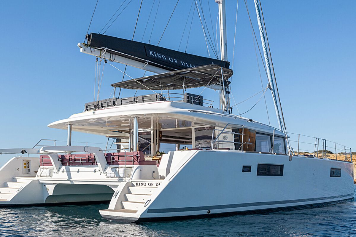 Exterior view of KING OF DIAMONDS, a Lagoon 560 catamaran at Athens, Greece