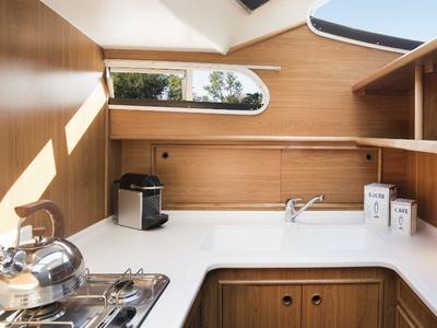 Galley of E500-1, a Pénichette Europa E.500 motorboat at Loosdrecht, Netherlands