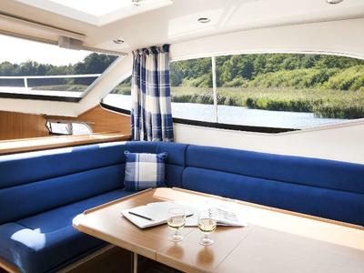 Salon of E500-1, a Pénichette Europa E.500 motorboat at Loosdrecht, Netherlands