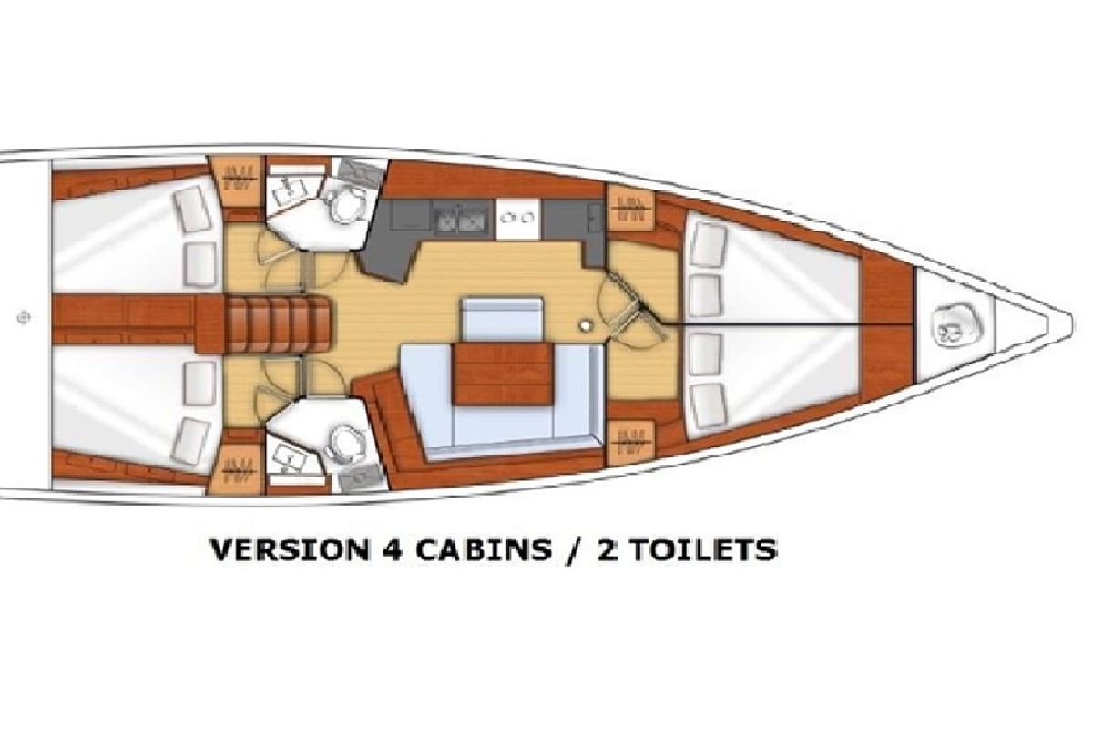 Floor plan of Soffia, a Beneteau Oceanis 45 sailboat at Puntone di Scarlino, Italy
