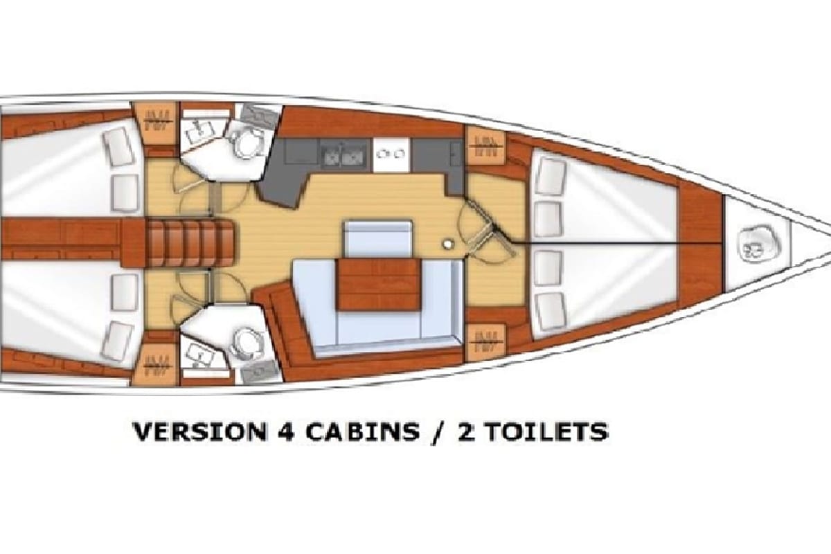 Floor plan of Soffia, a Beneteau Oceanis 45 sailboat at Puntone di Scarlino, Italy