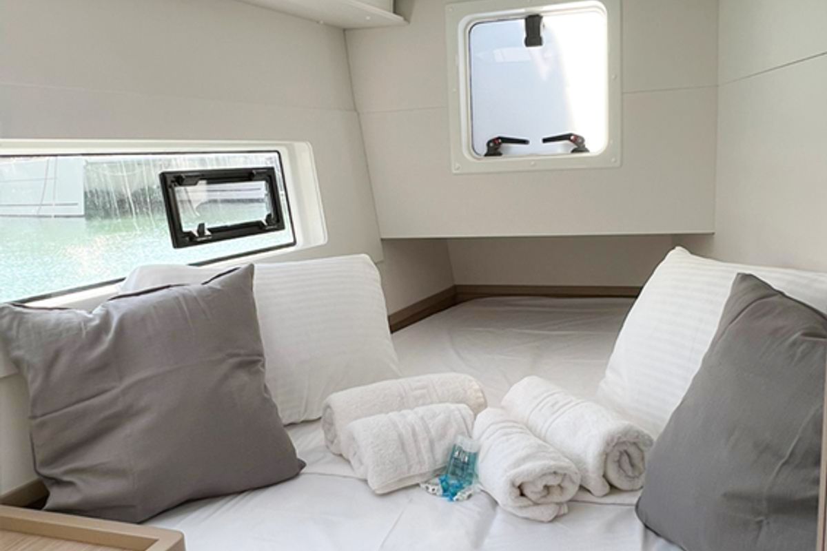 Cabin on Aelia, a Lagoon 40 catamaran at Piraeus, Greece