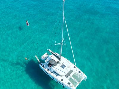 Exterior view of Aelia, a Lagoon 40 catamaran at Piraeus, Greece