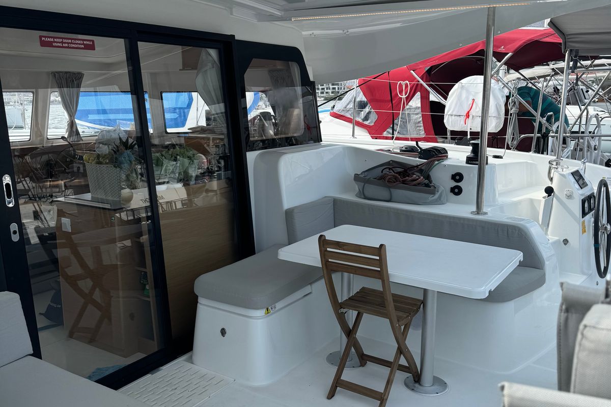 Deck of White Ivy, a Excess 11 - 4 + 1 + 1 cab. catamaran at Grad Trogir, Croatia