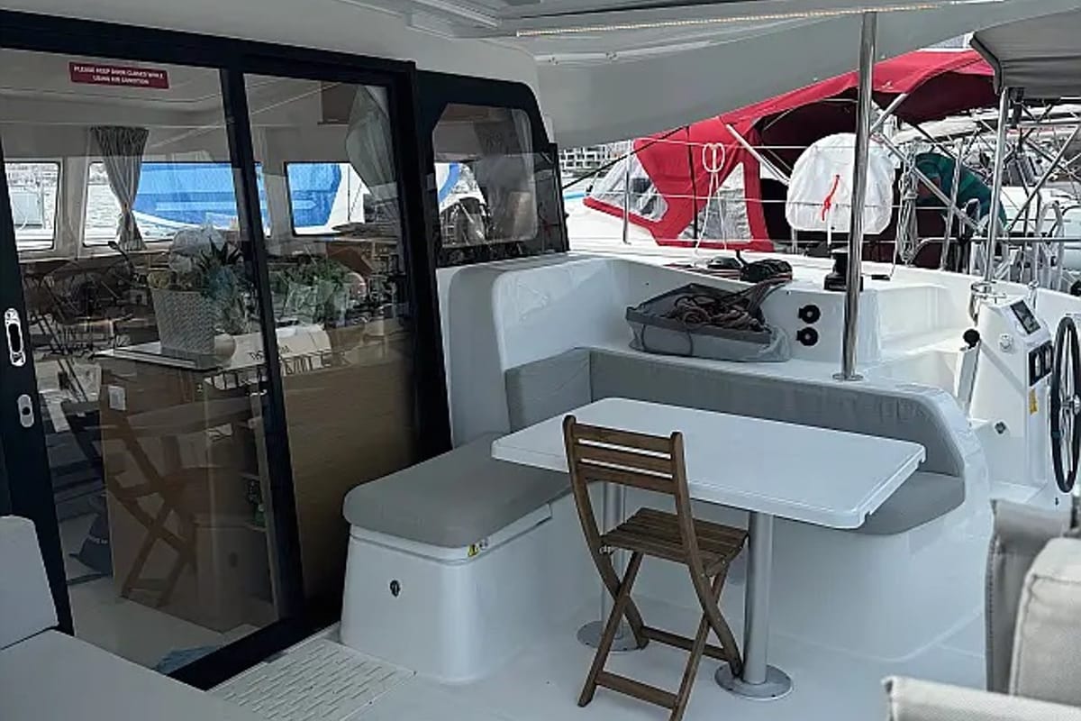 Deck of White Ivy, a Excess 11 - 4 + 1 + 1 cab. catamaran at Grad Trogir, Croatia