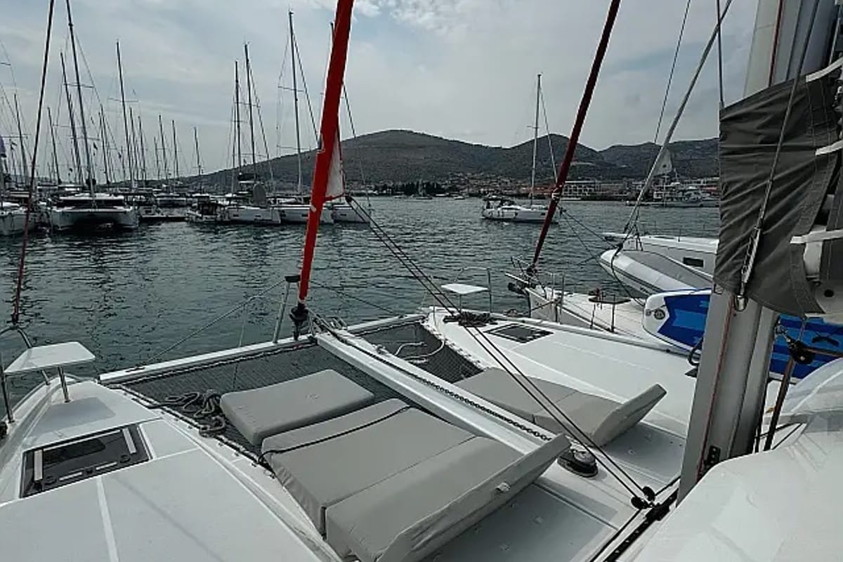 Deck of White Ivy, a Excess 11 - 4 + 1 + 1 cab. catamaran at Grad Trogir, Croatia