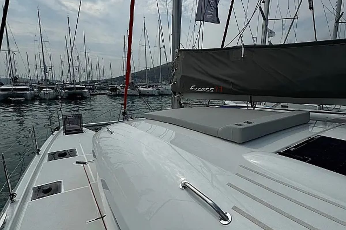 Deck of White Ivy, a Excess 11 - 4 + 1 + 1 cab. catamaran at Grad Trogir, Croatia