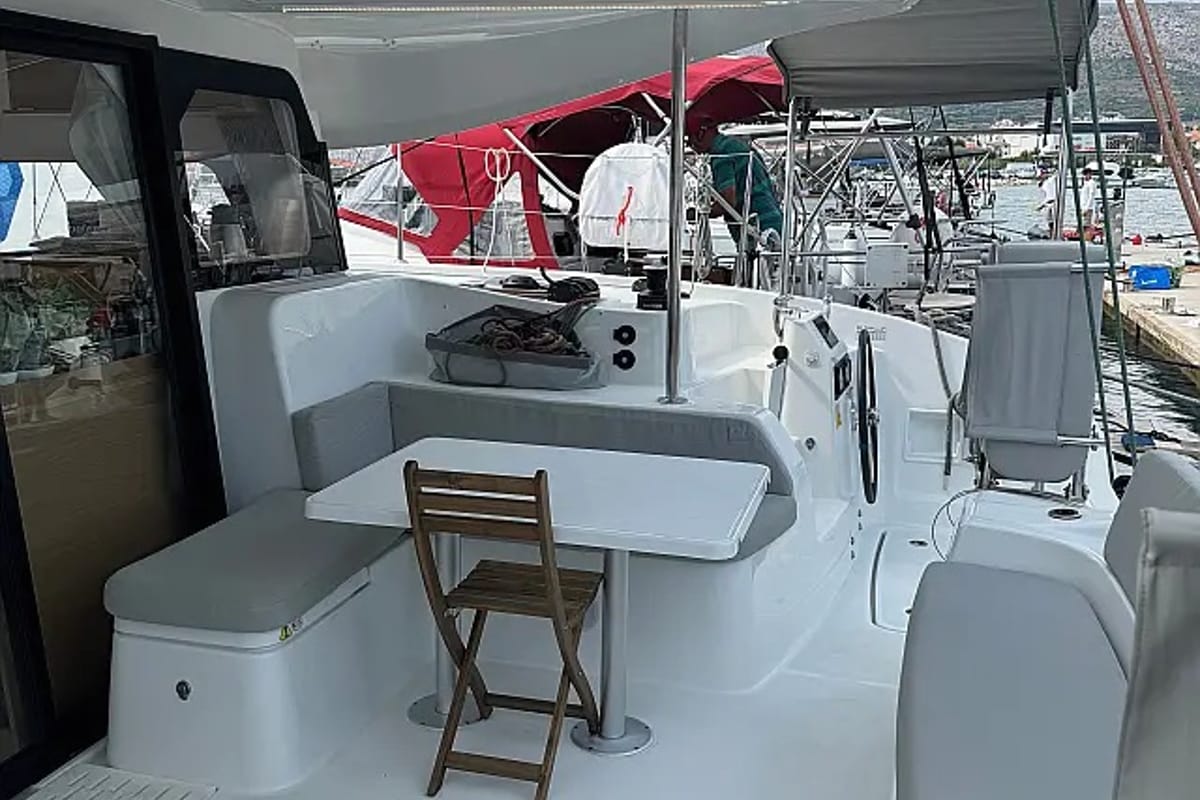 Deck of White Ivy, a Excess 11 - 4 + 1 + 1 cab. catamaran at Grad Trogir, Croatia