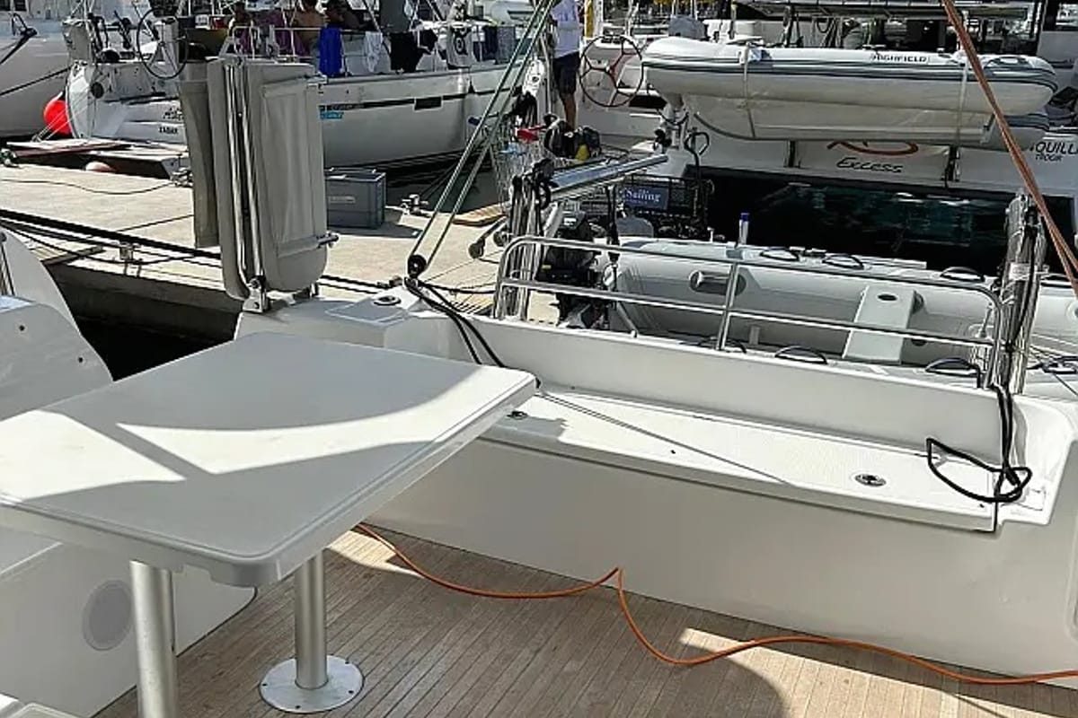 Deck of White Ivy, a Excess 11 - 4 + 1 + 1 cab. catamaran at Grad Trogir, Croatia
