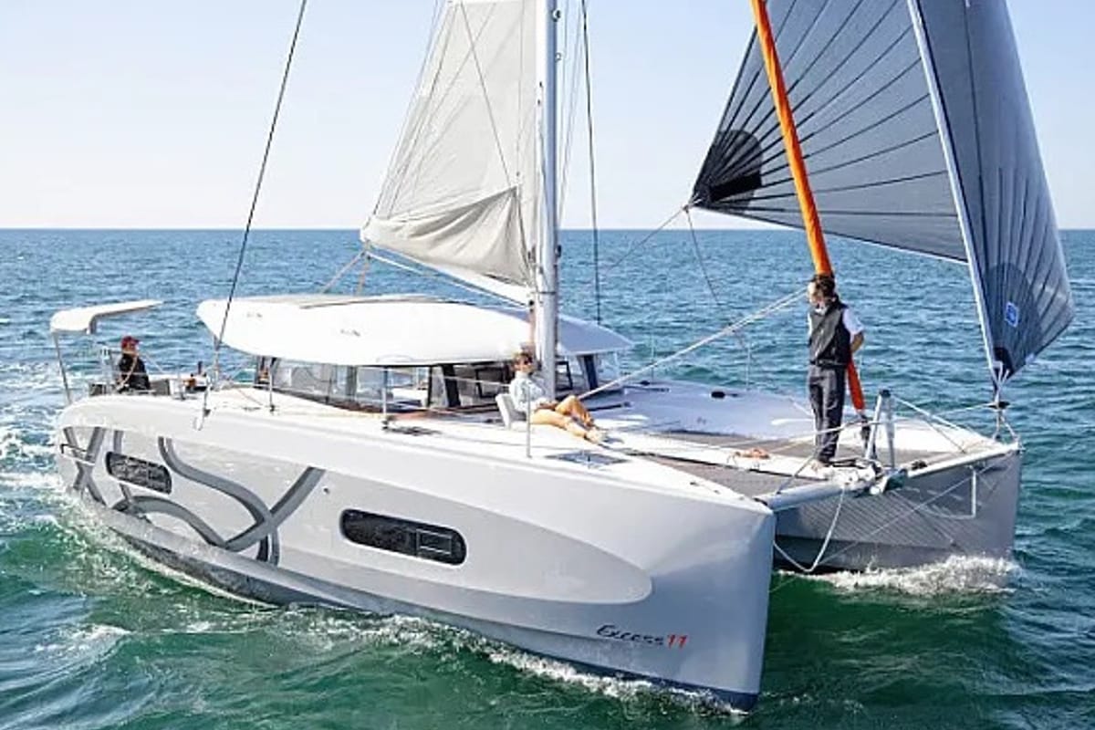 Exterior view of White Ivy, a Excess 11 - 4 + 1 + 1 cab. catamaran at Grad Trogir, Croatia