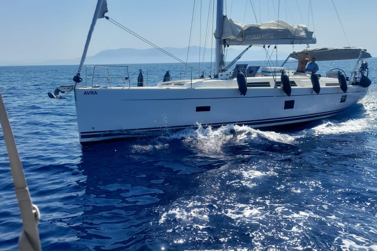 Exterior view of Avra, a Hanse Yachts Hanse 458 sailboat at Municipal Unit of Lefkada, Greece