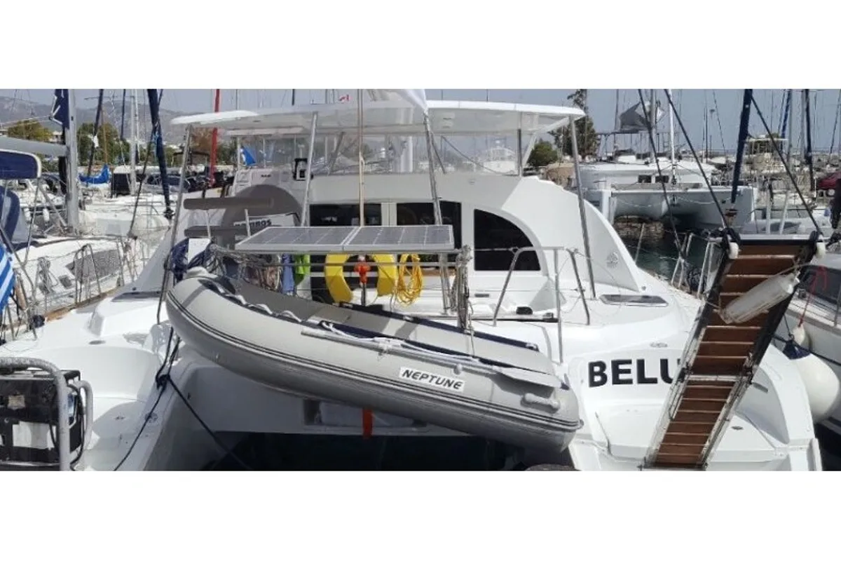 Exterior view of Beluga, a Lagoon 380 S2 catamaran at Municipal Unit of Rhodes, Greece