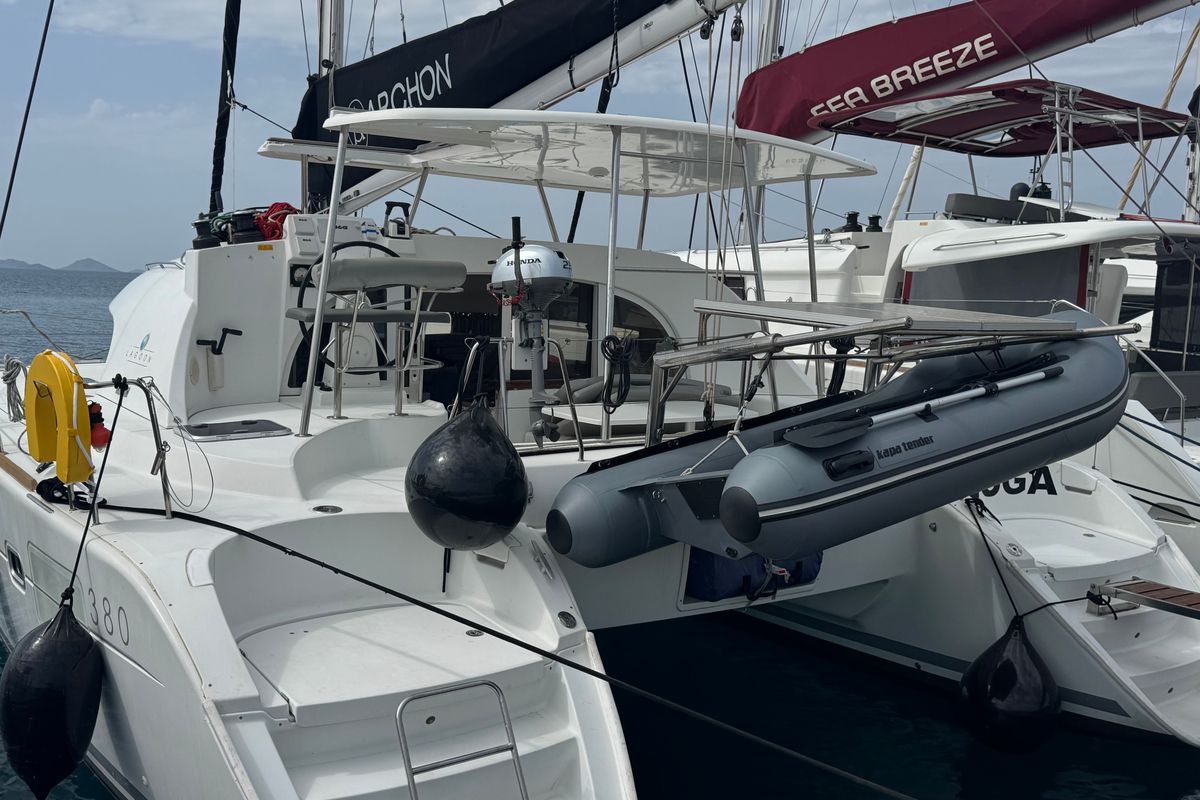 Exterior view of Beluga, a Lagoon 380 S2 catamaran at Municipal Unit of Rhodes, Greece