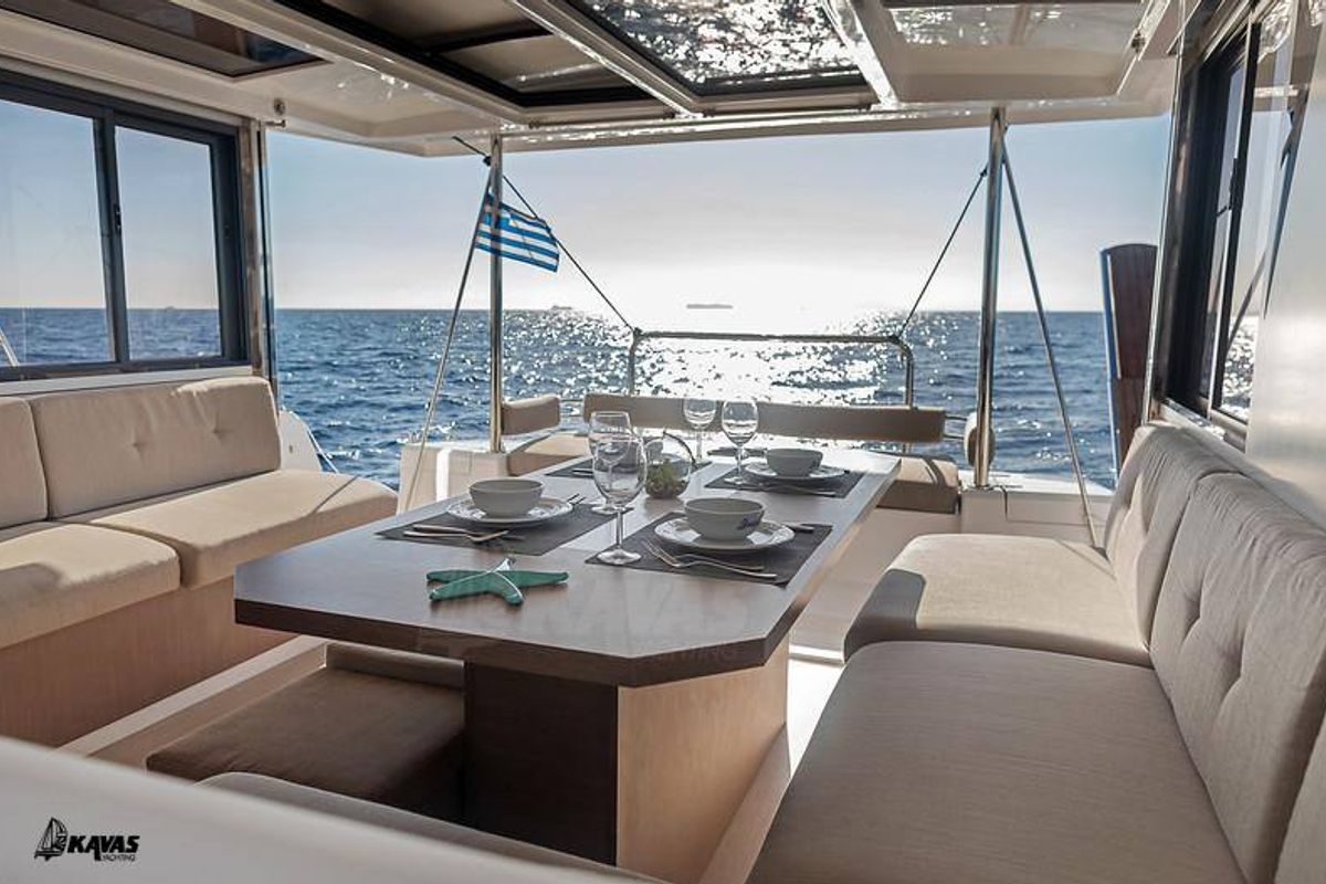 Salon of Junior Mary 1, a Bali 4.2 catamaran at Municipal Unit of Palairos, Greece