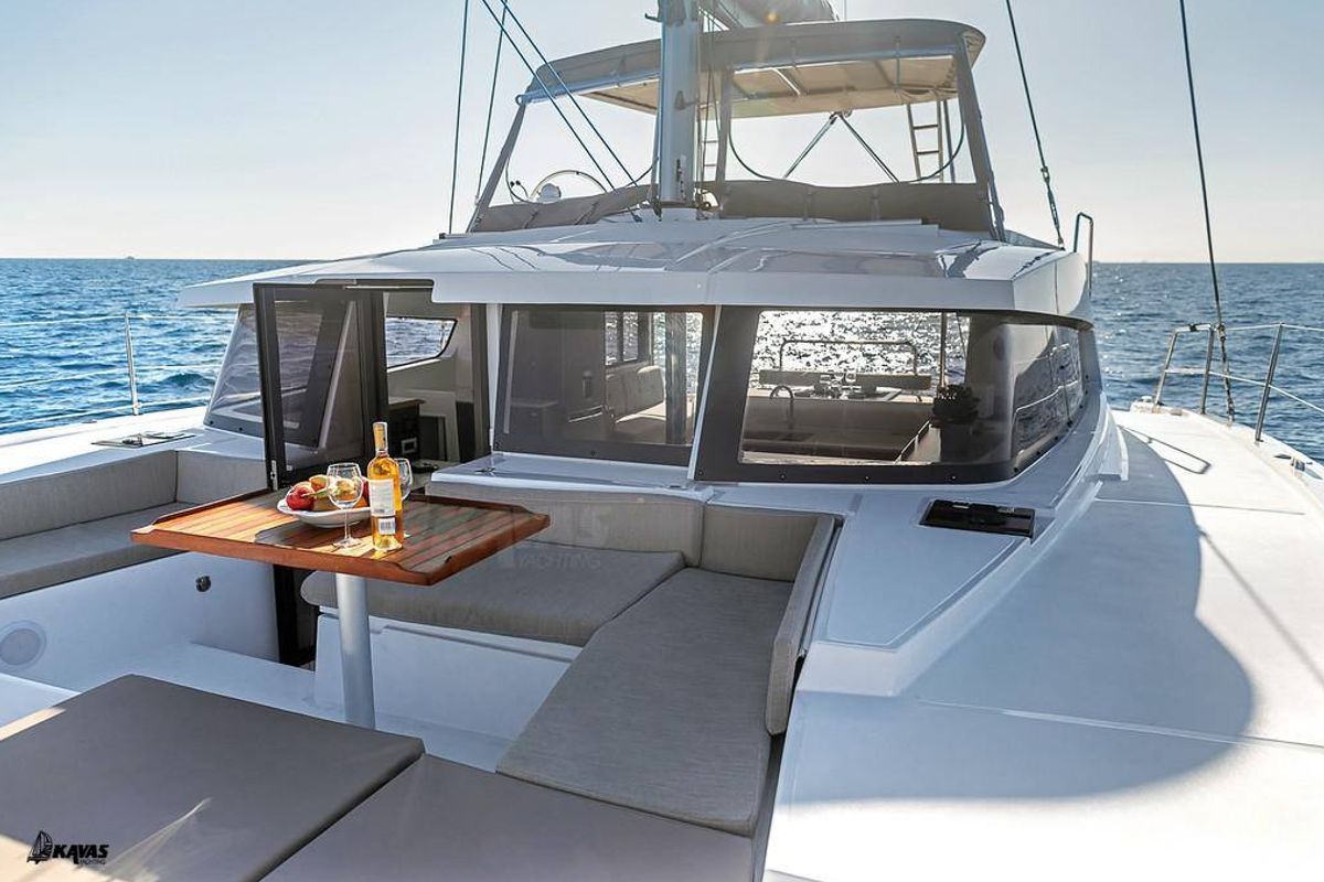 Deck of Junior Mary 1, a Bali 4.2 catamaran at Municipal Unit of Palairos, Greece