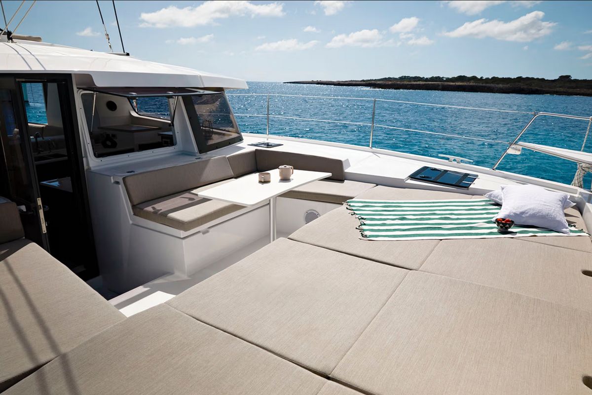 Deck of Junior Mary 1, a Bali 4.2 catamaran at Municipal Unit of Palairos, Greece