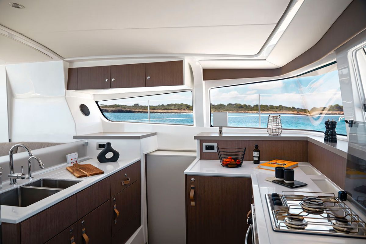 Galley of Junior Mary 1, a Bali 4.2 catamaran at Municipal Unit of Palairos, Greece