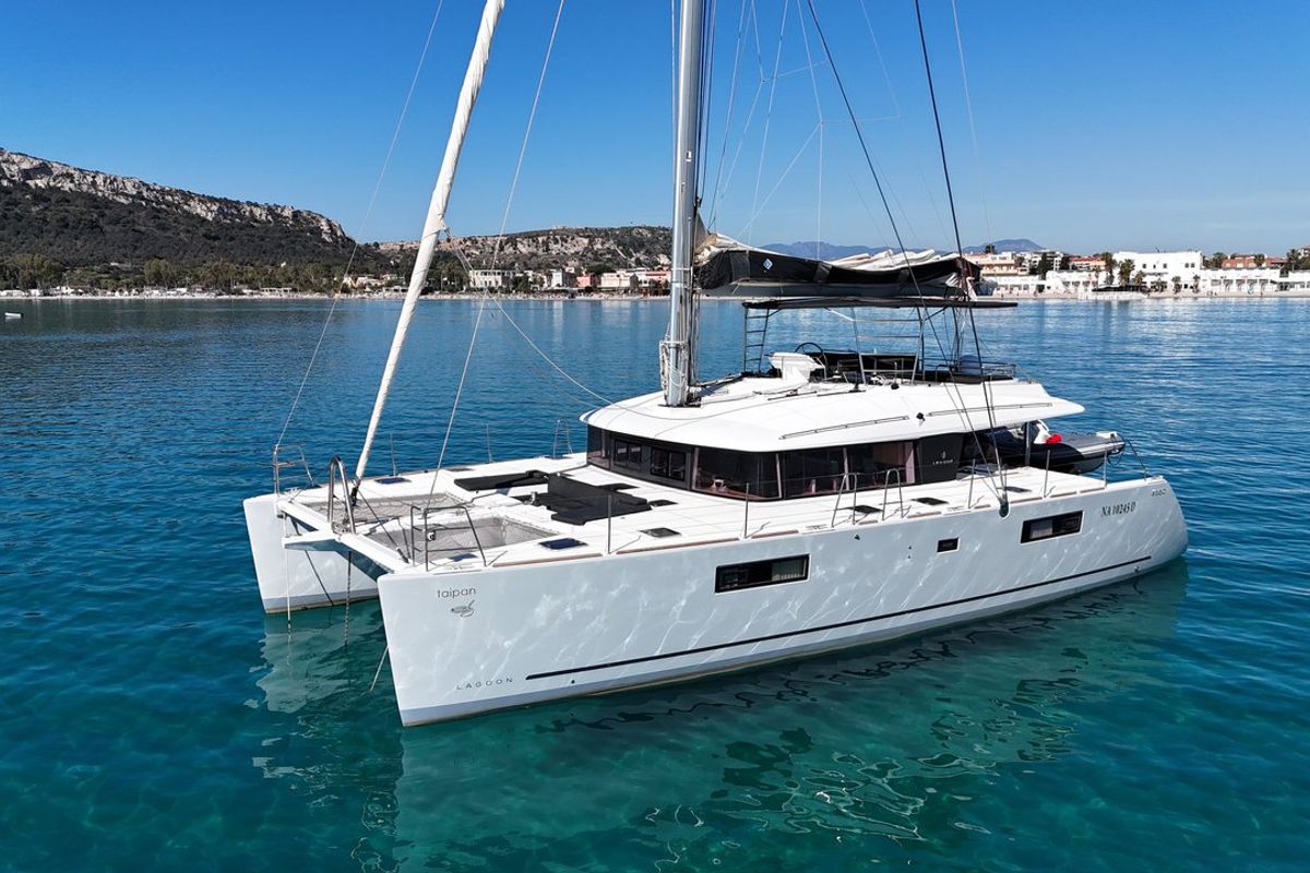Exterior view of Taipan, a Lagoon 560 catamaran at Olbia, Italy