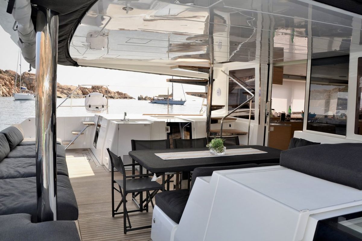 Deck of Taipan, a Lagoon 560 catamaran at Olbia, Italy
