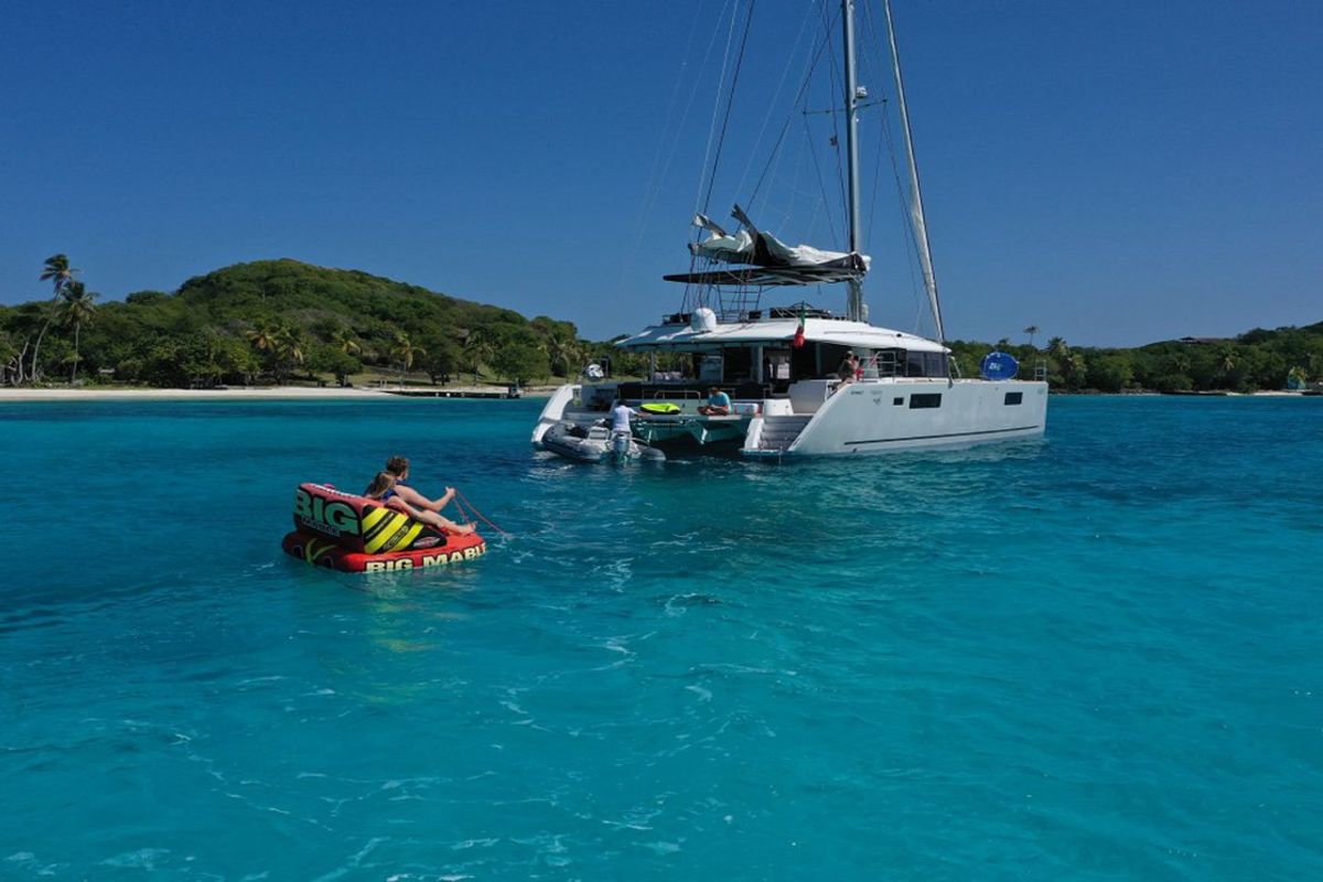 Exterior view of Taipan, a Lagoon 560 catamaran at Olbia, Italy
