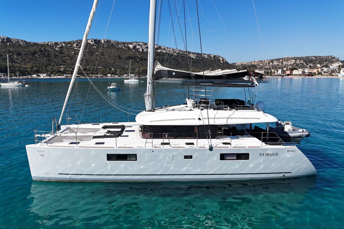 Exterior view of Taipan, a Lagoon 560 catamaran at Olbia, Italy