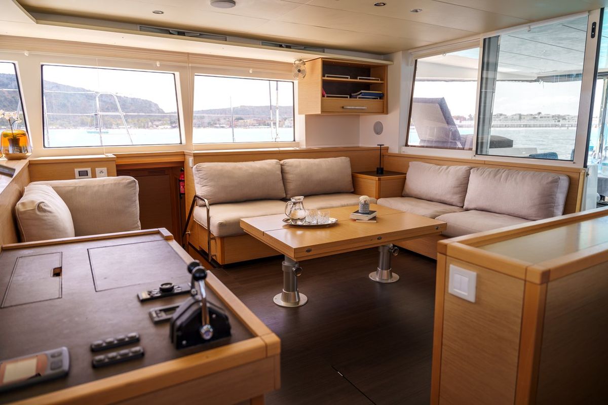 Salon of Taipan, a Lagoon 560 catamaran at Olbia, Italy