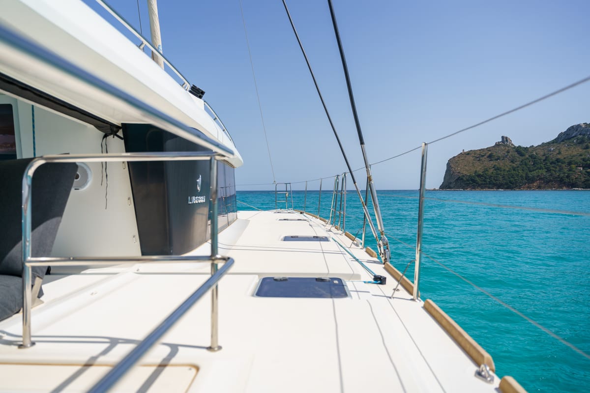 Salon of Taipan, a Lagoon 560 catamaran at Olbia, Italy