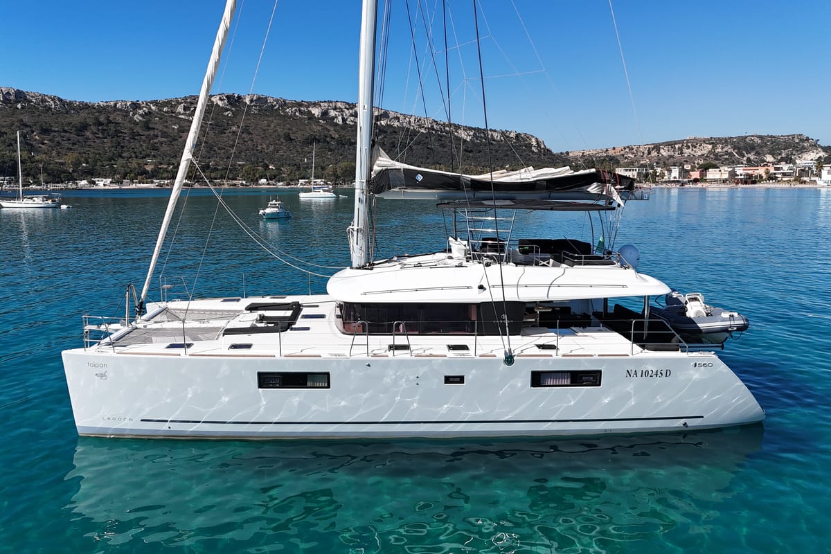 Deck of Taipan, a Lagoon 560 catamaran at Olbia, Italy