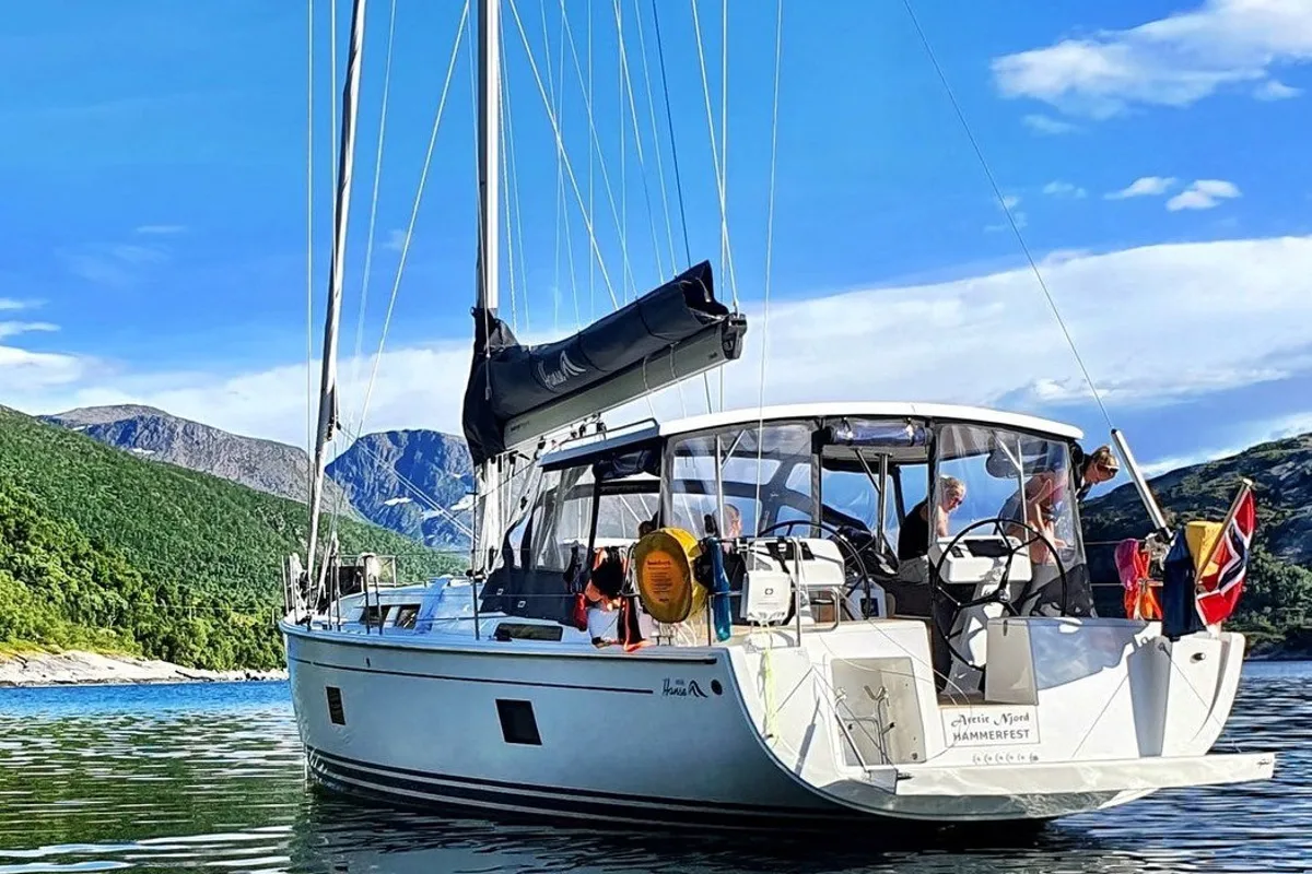 Exterior view of Arctic Njord, a Hanse Yachts Hanse 458 sailboat at Tromsø, Norway
