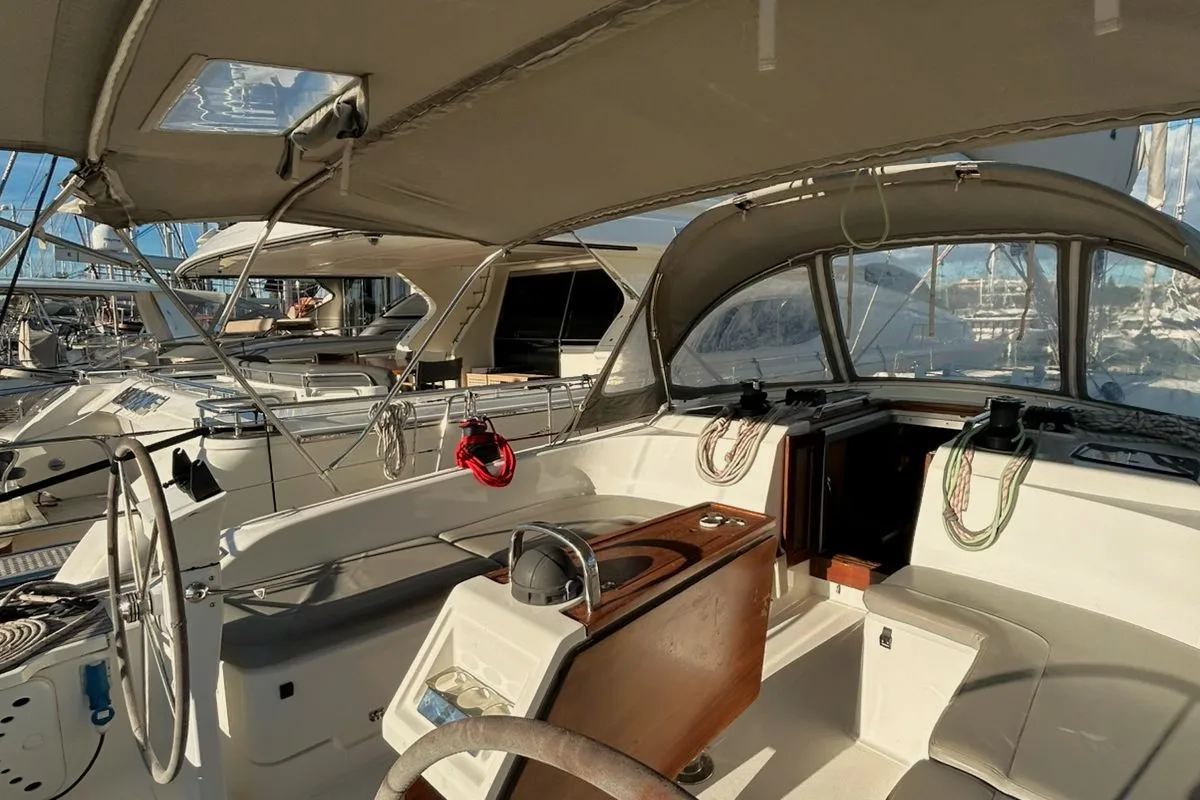 Cockpit of Leonidas V, a Bavaria Cruiser 51 sailboat at Athens, Greece