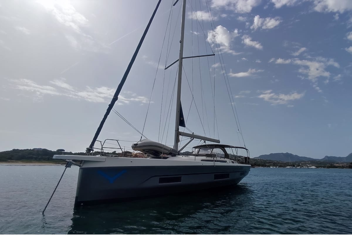 Exterior view of Potter, a Dufour 470 sailboat at Olbia, Italy