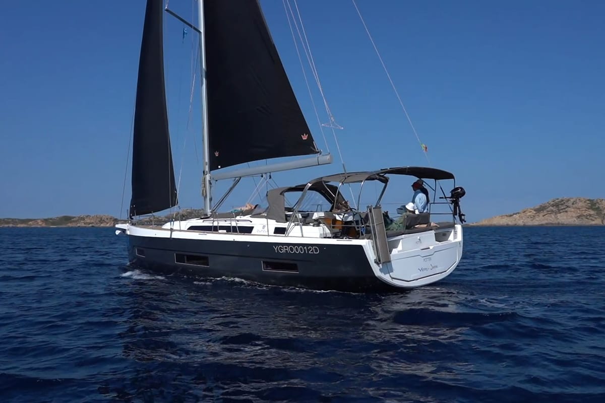 Exterior view of Potter, a Dufour 470 sailboat at Olbia, Italy