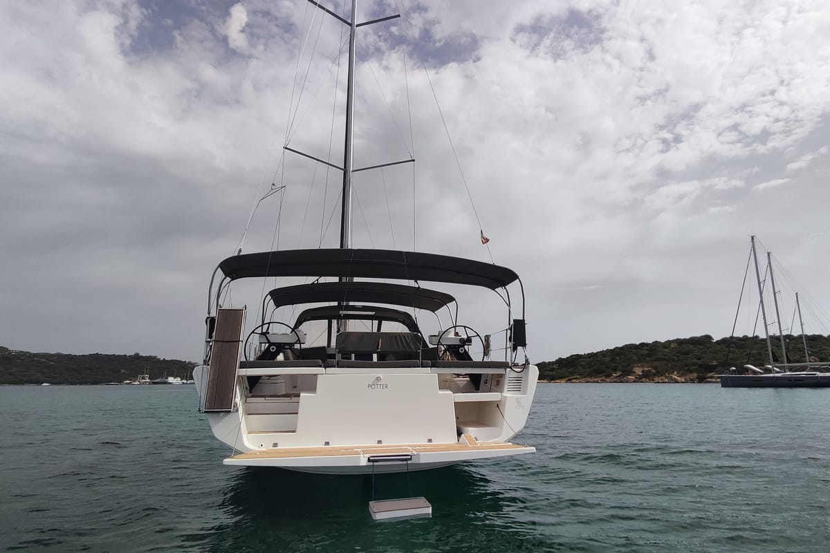 Exterior view of Potter, a Dufour 470 sailboat at Olbia, Italy