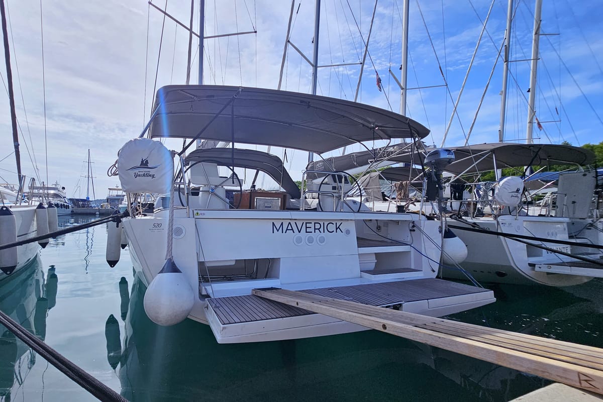 Exterior view of Maverick, a Dufour 520 GL sailboat at Općina Rogoznica, Croatia
