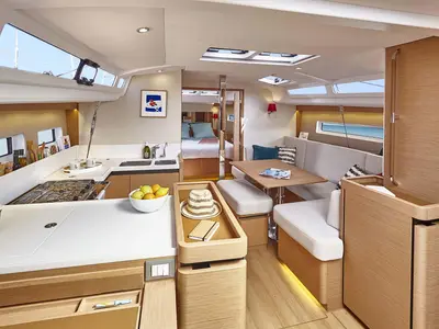 Salon of Trinity, a Jeanneau Sun Odyssey 440 sailboat at Fethiye, Turkey