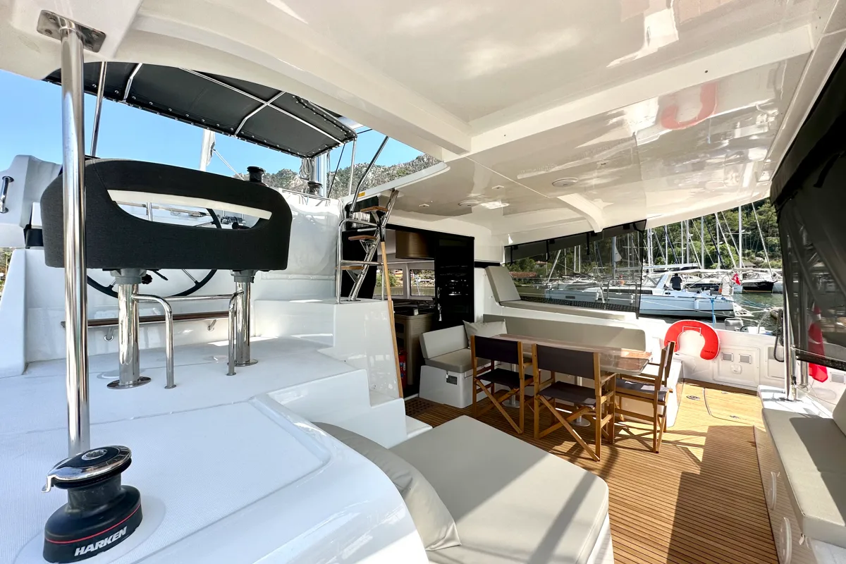 Deck of Sail Proteus, a Lagoon 42 catamaran at Fethiye, Turkey
