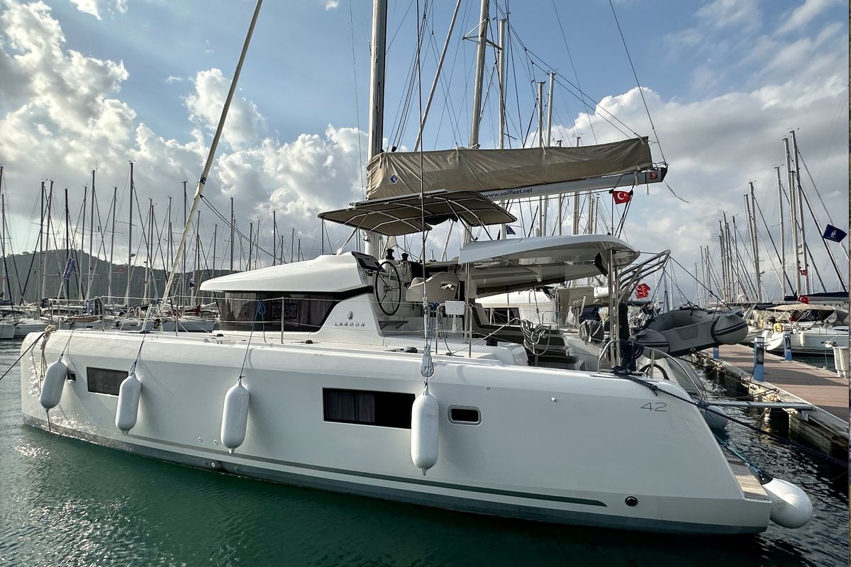Exterior view of Sail Proteus, a Lagoon 42 catamaran at Fethiye, Turkey
