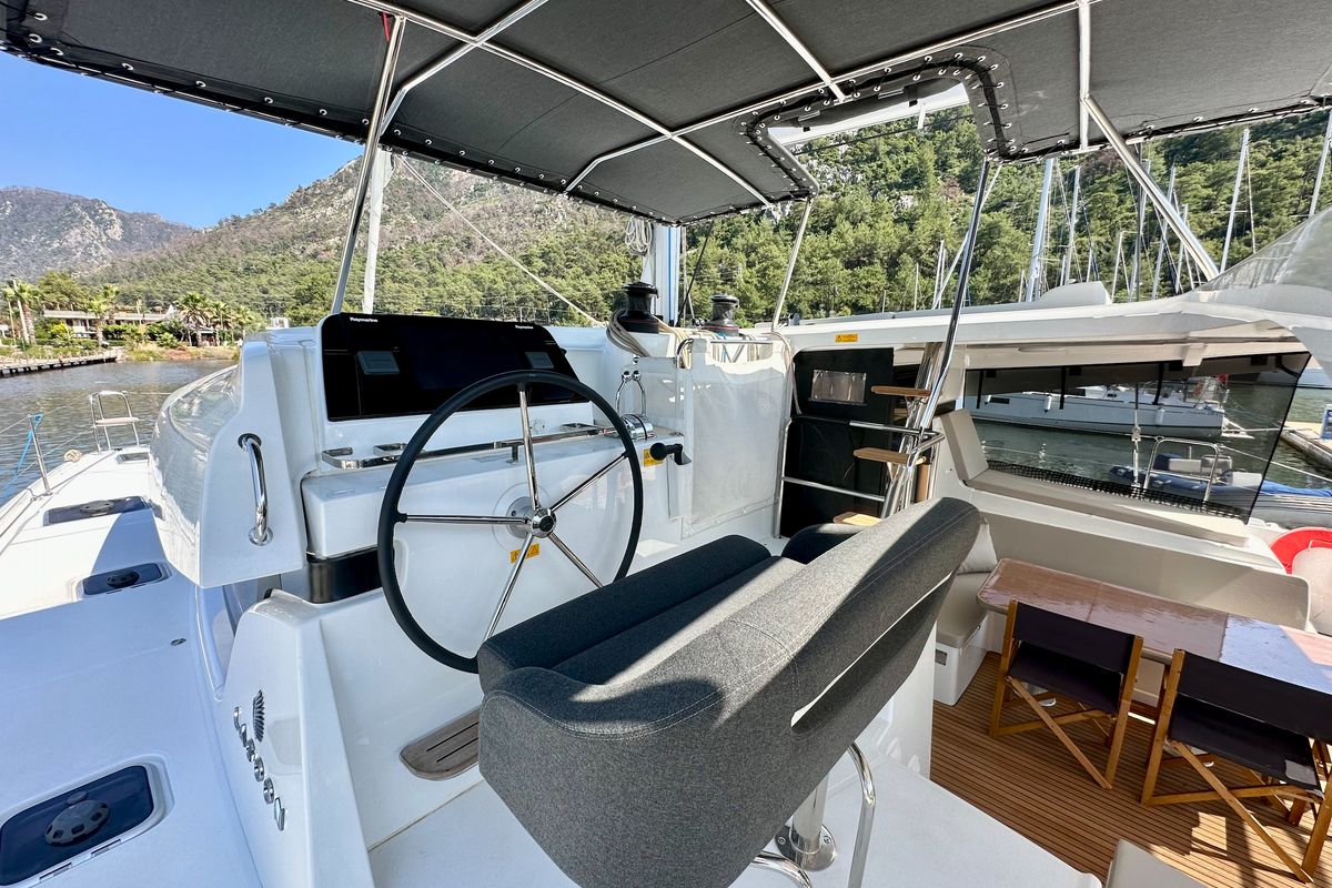 Cockpit of Sail Proteus, a Lagoon 42 catamaran at Fethiye, Turkey