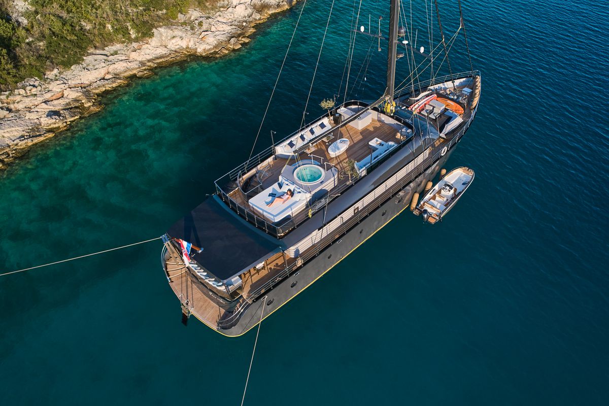 Exterior view of Rara Avis, a Gulet Luxury Sailing Yacht yacht at Split, Croatia