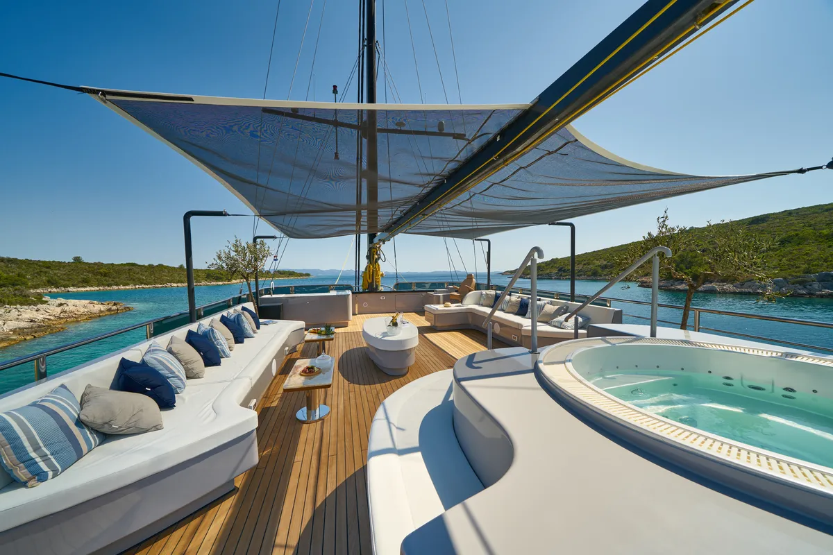 Deck of Rara Avis, a Gulet Luxury Sailing Yacht yacht at Split, Croatia