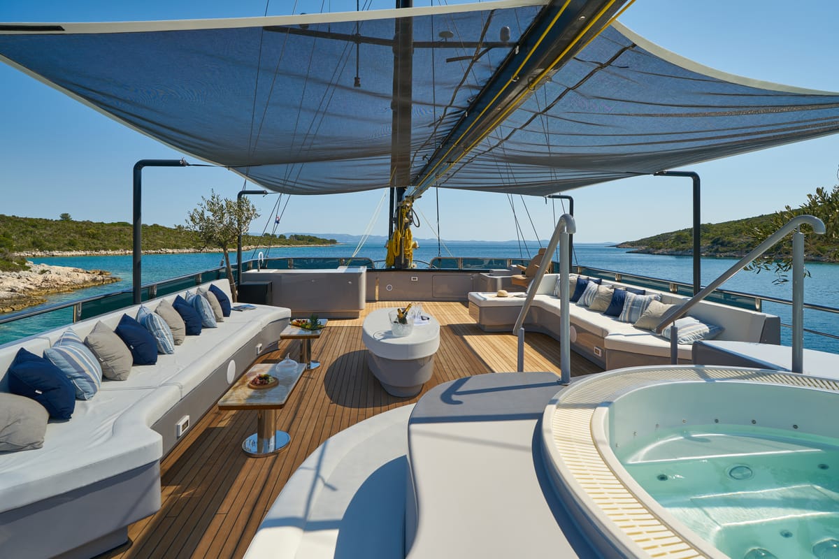 Deck of Rara Avis, a Gulet Luxury Sailing Yacht yacht at Split, Croatia